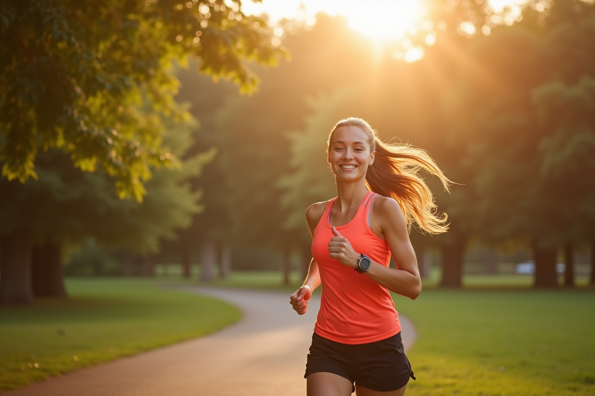 Jeune femme sportive courant dans un parc en matinée