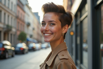 Jeune femme confiante avec coupe moderne dans la ville