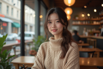 Jeune femme en robe en tricot dans un café cosy