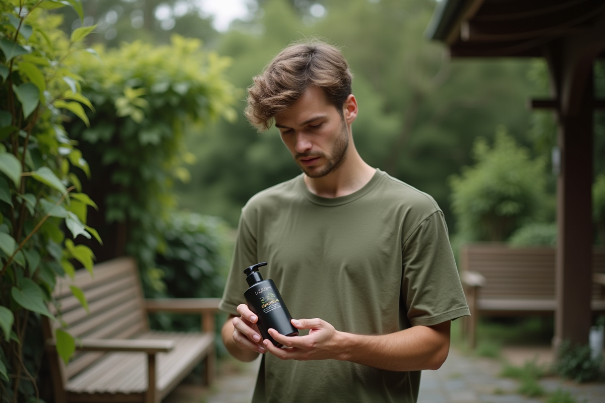 Jeune homme découvrant produit de soin écologique en extérieur