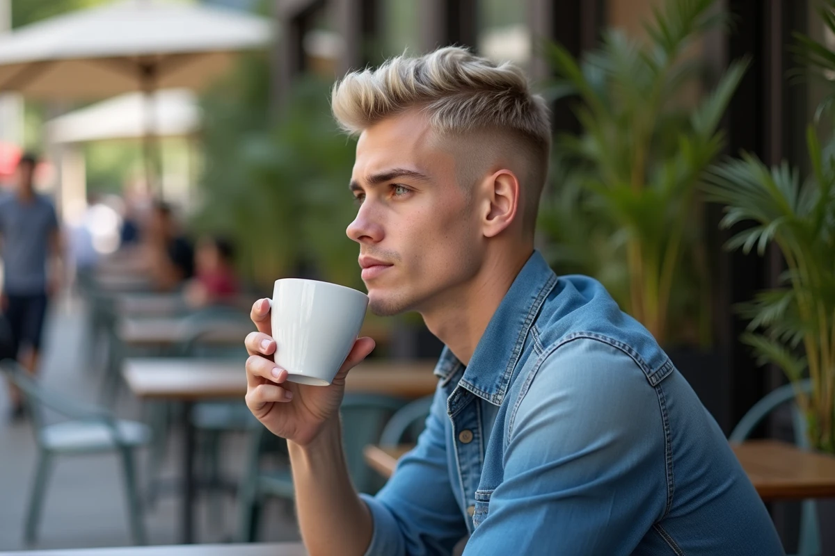 Jeune homme aux cheveux ash blonde dans un café en ville