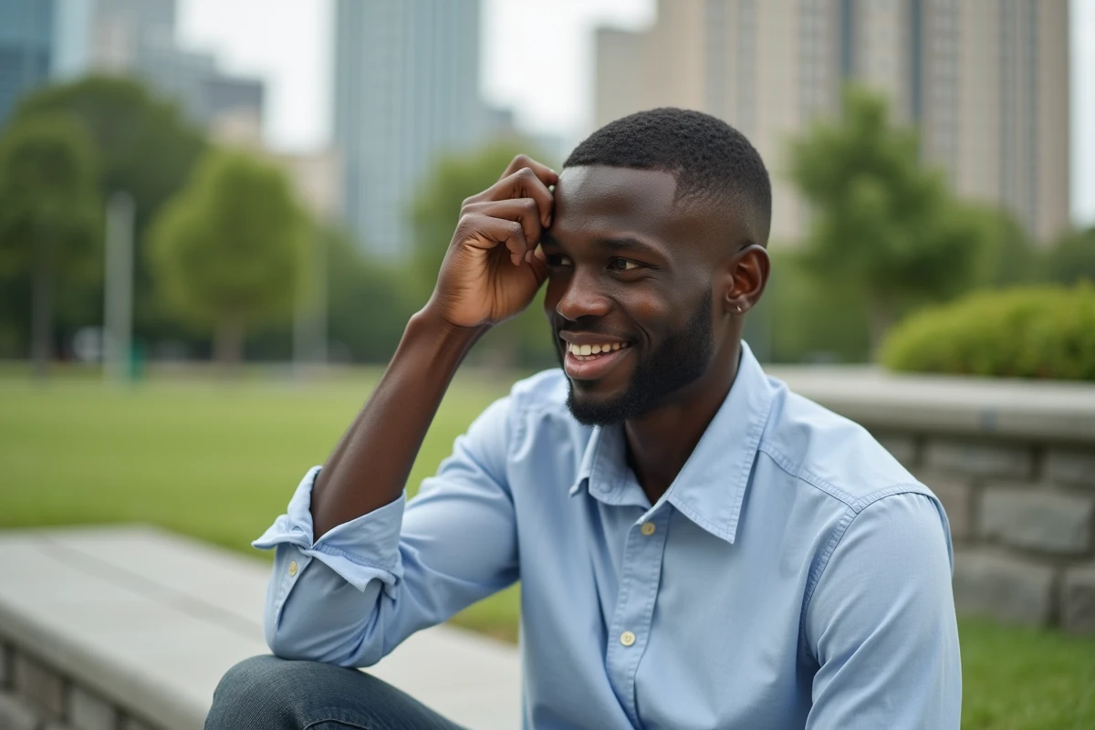 Jeune homme noir avec coupe lisse dans un parc urbain