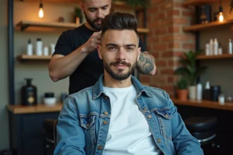 Jeune homme en salon de coiffure avec coupe tendance 2026