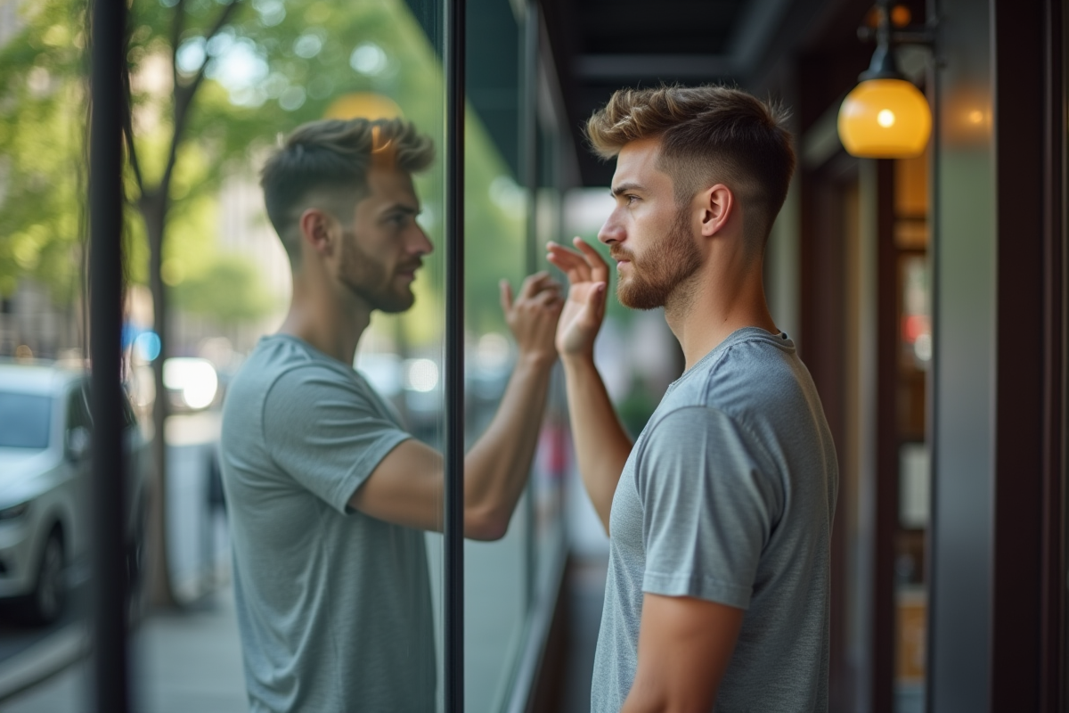 Jeune homme vérifiant sa coupe en ville