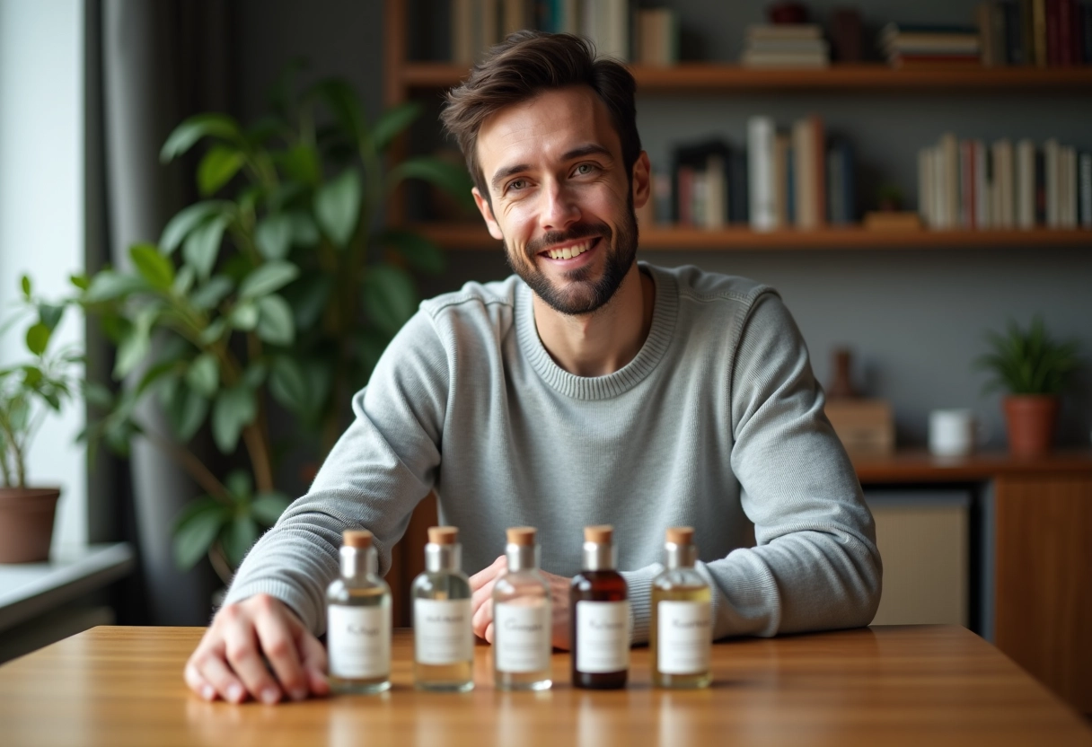 Jeune homme à la maison comparant des parfums avec étiquettes