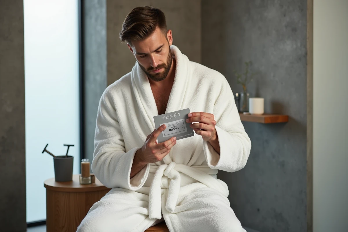 Jeune homme en robe de bain lisant les instructions sur un paquet de lames Treet avant de se raser avec un rasoir de sûreté