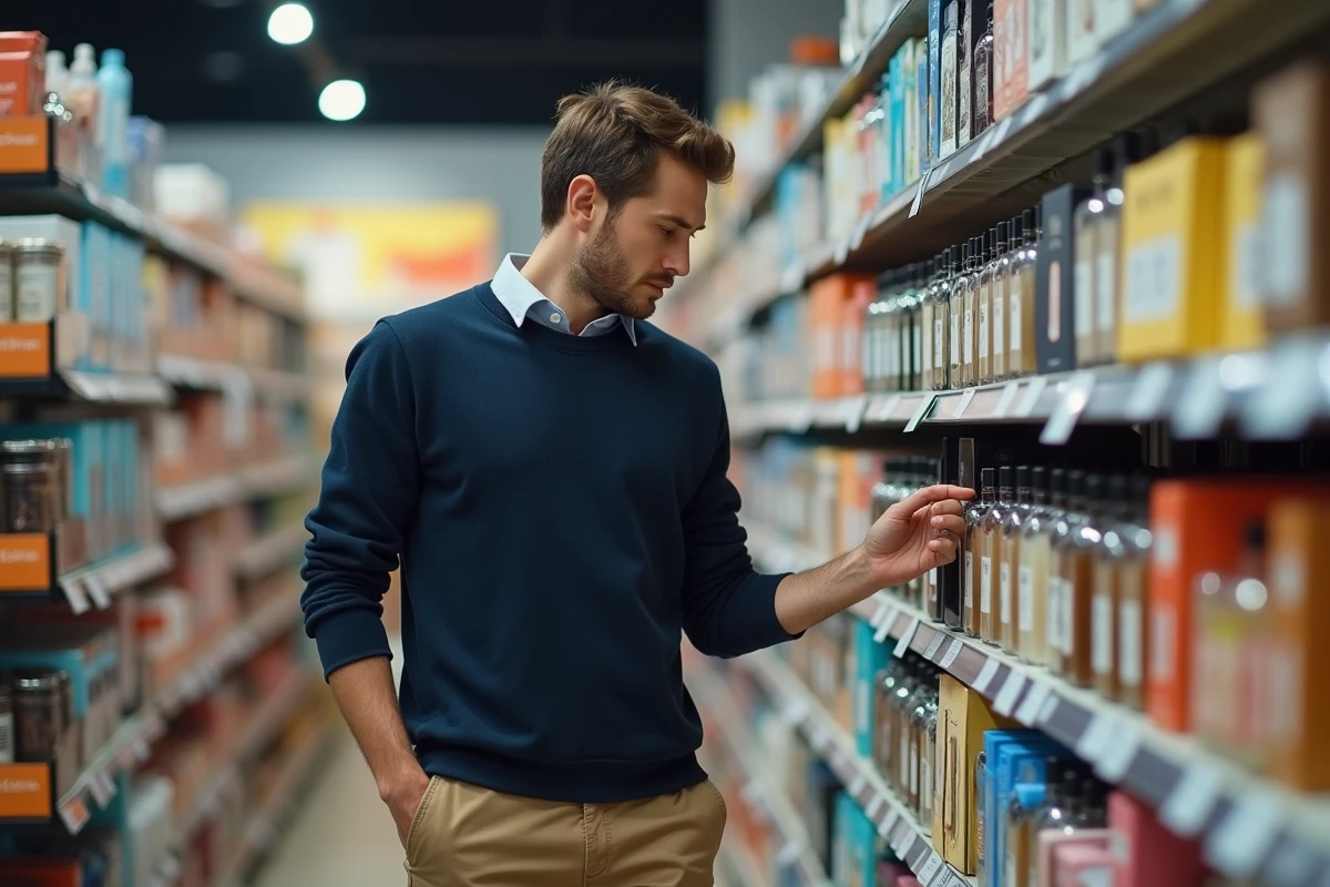 Jeune homme examine bouteilles de parfum en supermarche