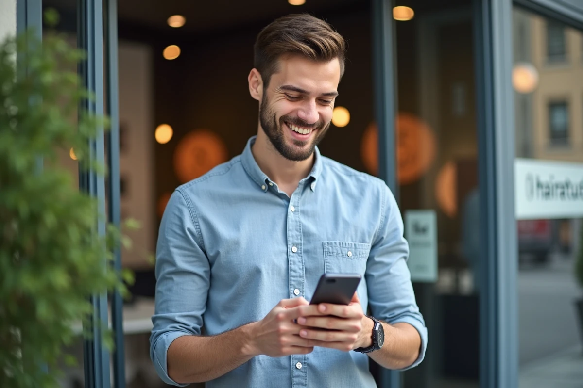Jeune homme dehors devant un salon de coiffure avec smartphone
