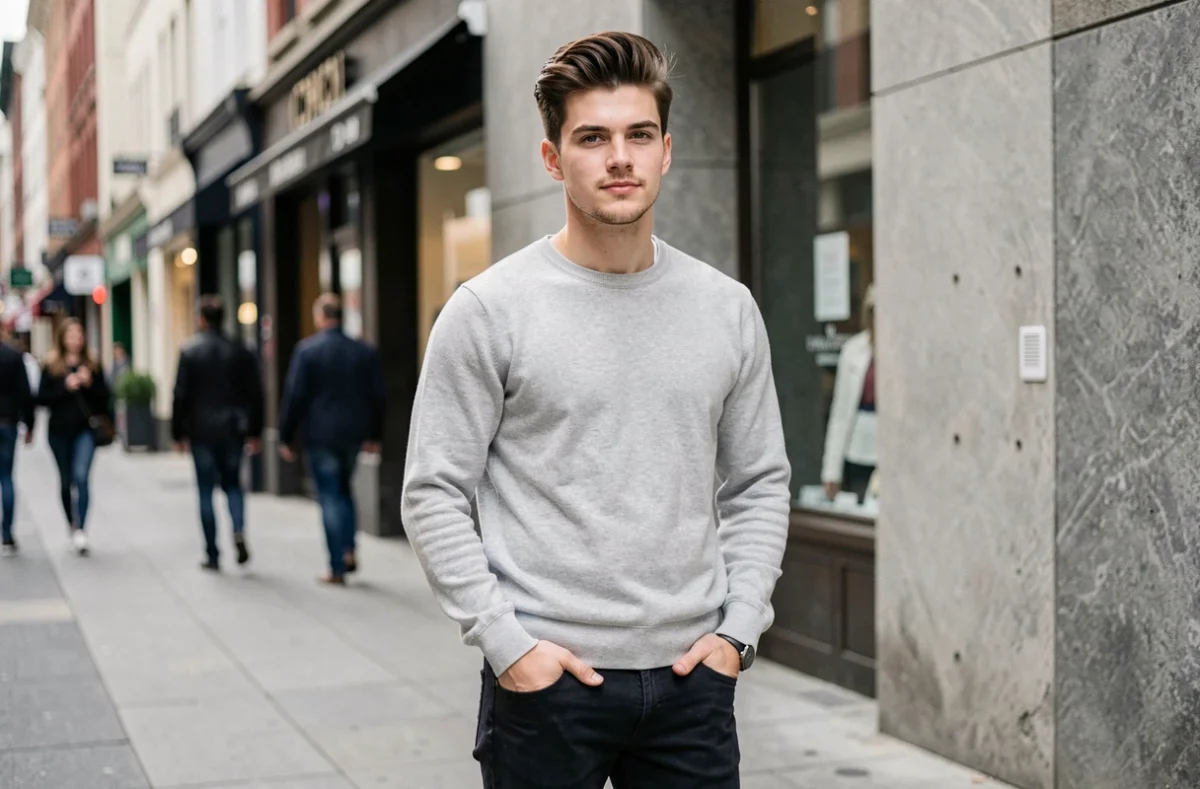 Jeune homme avec coiffure taper mi-long dans la rue, style urbain décontracté