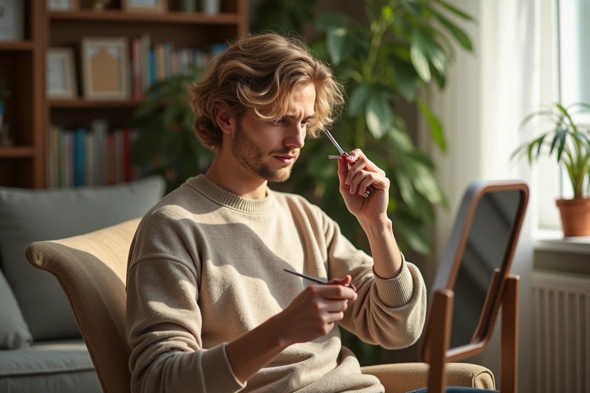 Jeune homme se coupant les cheveux avec des ciseaux dans un salon lumineux