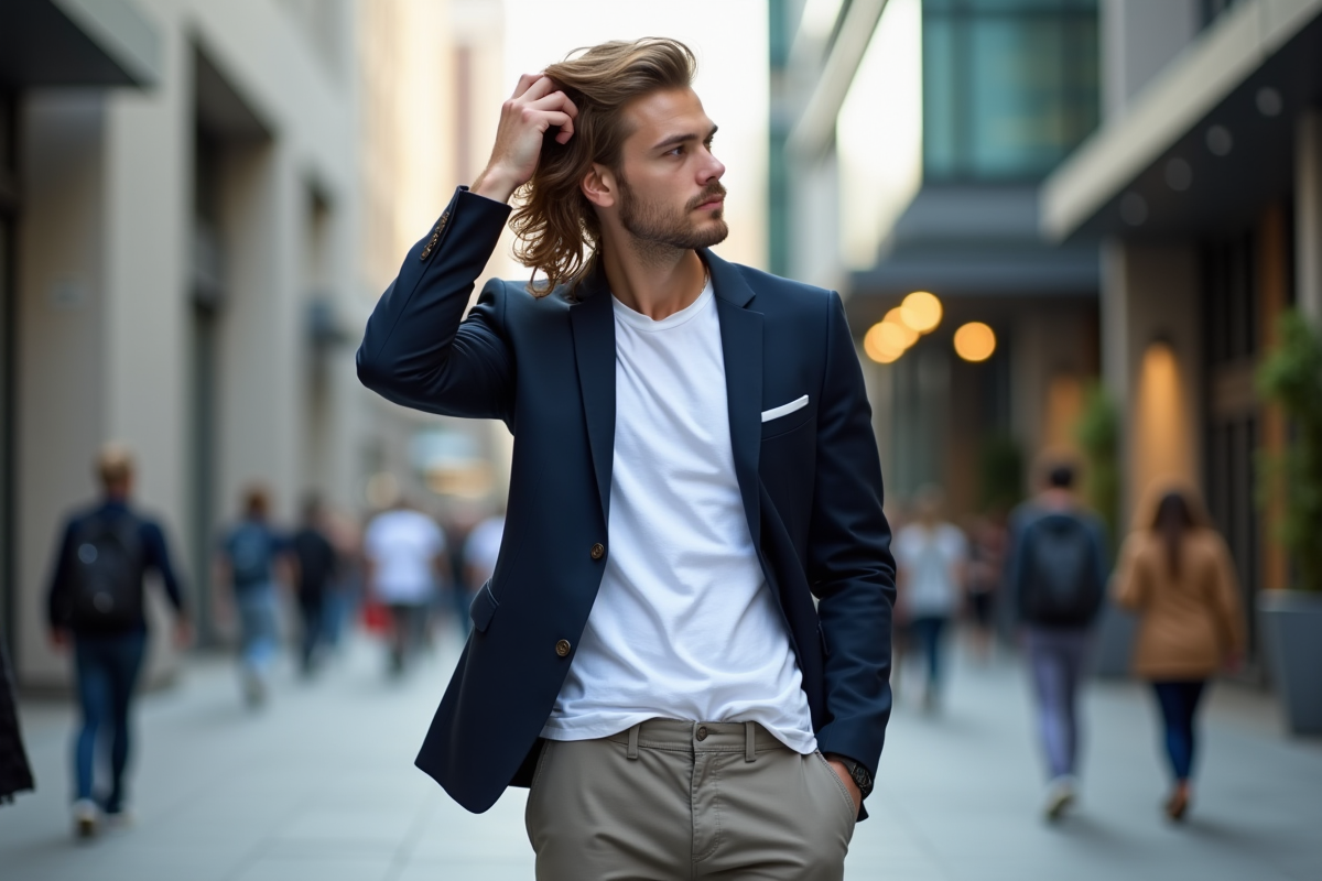 Jeune homme en blazer navy dans la rue urbaine