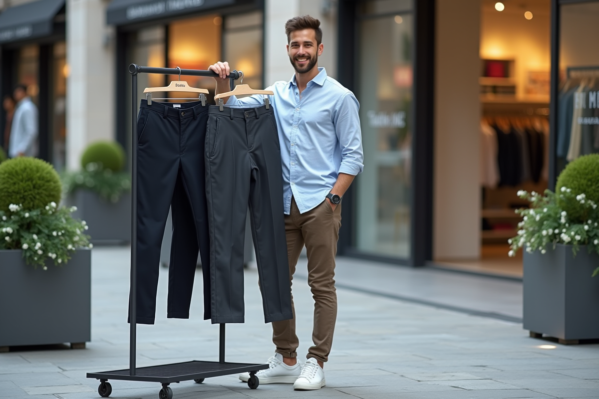 Jeune homme vérifiant un pantalon taille 36 devant un marché urbain