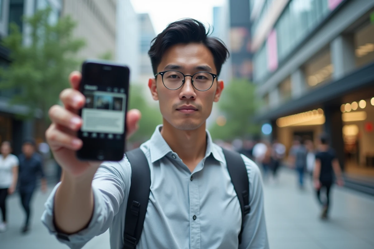Jeune journaliste avec smartphone dans une place urbaine animée