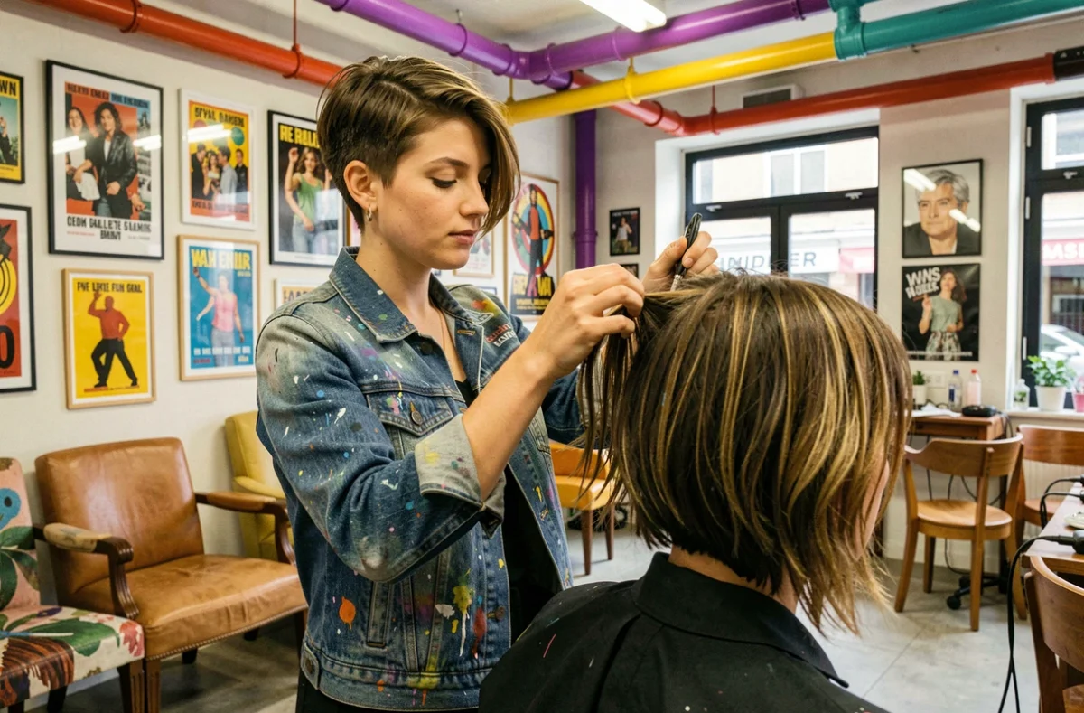 Jeune coiffeuse créative travaillant la texture des cheveux dans le salon Libre Style à Colmar