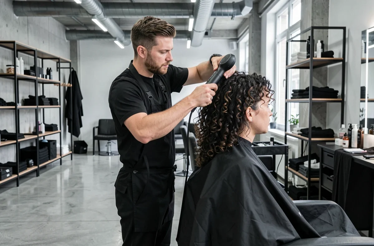 Coiffeur stylisant les boucles d'une cliente dans le salon LR Coiffure à Mulhouse
