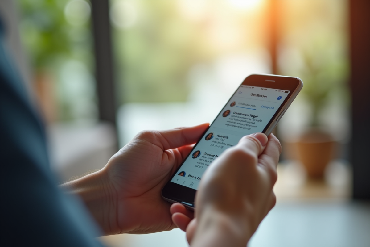 Mains tenant un smartphone affichant une conversation support client