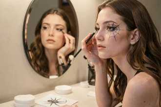 Jeune femme appliquant un maquillage araignée au crayon noir devant un miroir de vanité