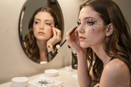 Jeune femme appliquant un maquillage araignée au crayon noir devant un miroir de vanité