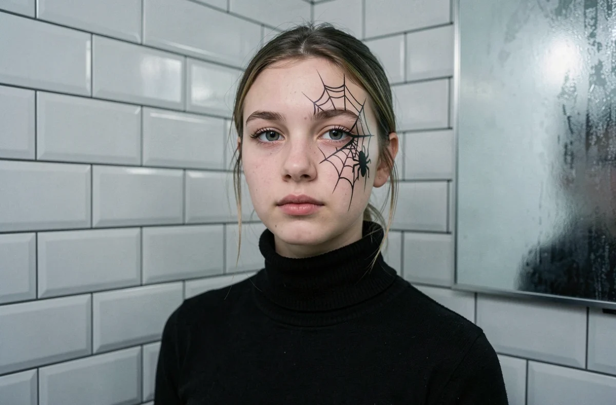 Adolescente avec un maquillage toile d'araignée au crayon noir sur la joue dans une salle de bain