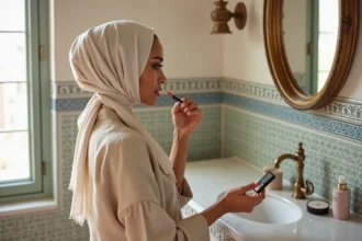 Femme marocaine en hijab appliquant un rouge à lèvres halal et vegan devant un miroir en salle de bain traditionnelle marocaine