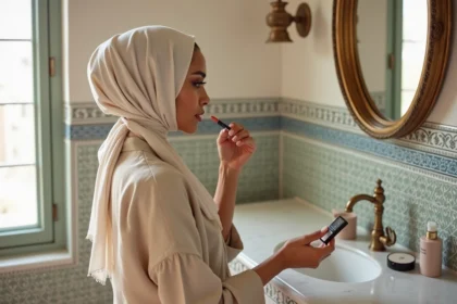 Femme marocaine en hijab appliquant un rouge à lèvres halal et vegan devant un miroir en salle de bain traditionnelle marocaine