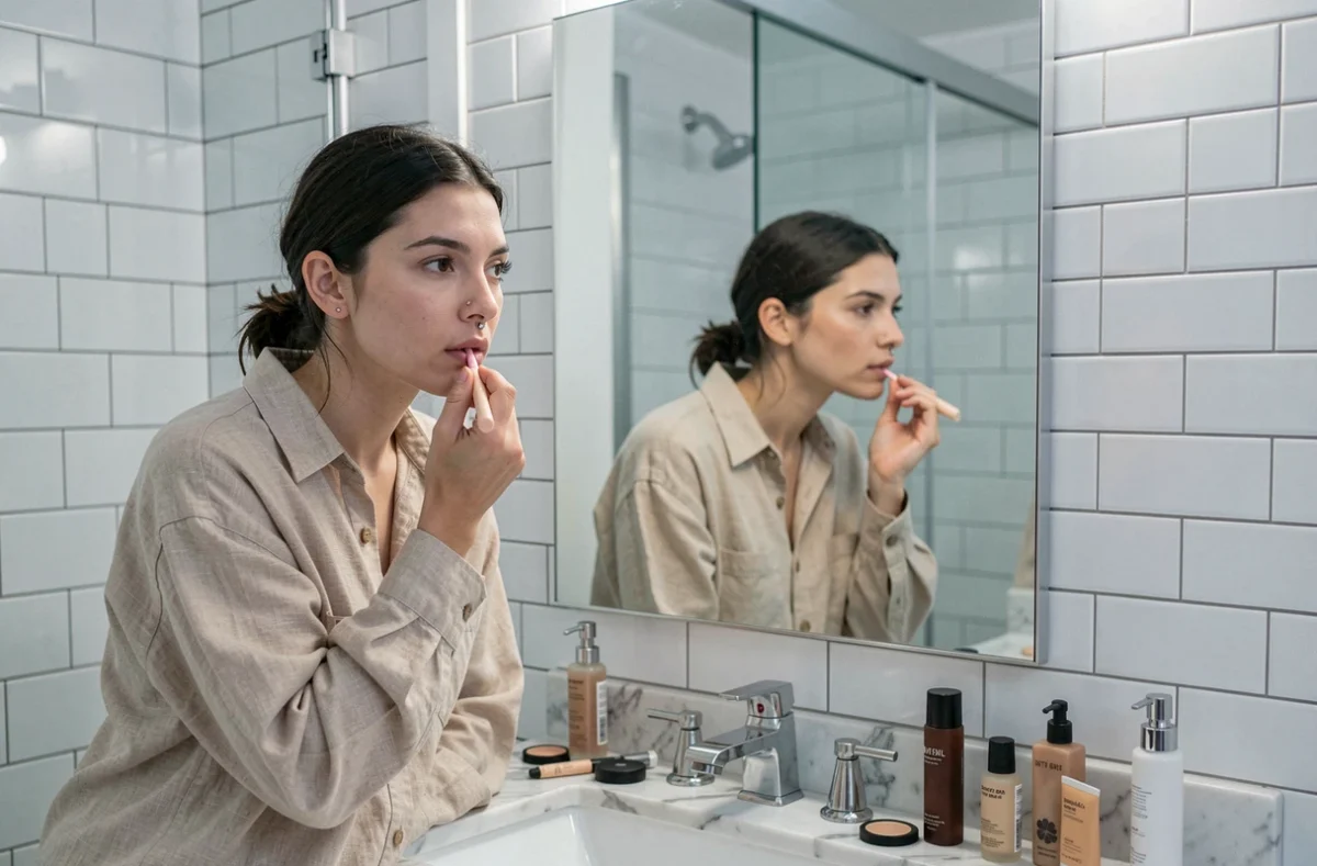 Femme avec piercing labret appliquant un crayon à lèvres nude devant un miroir de salle de bain moderne