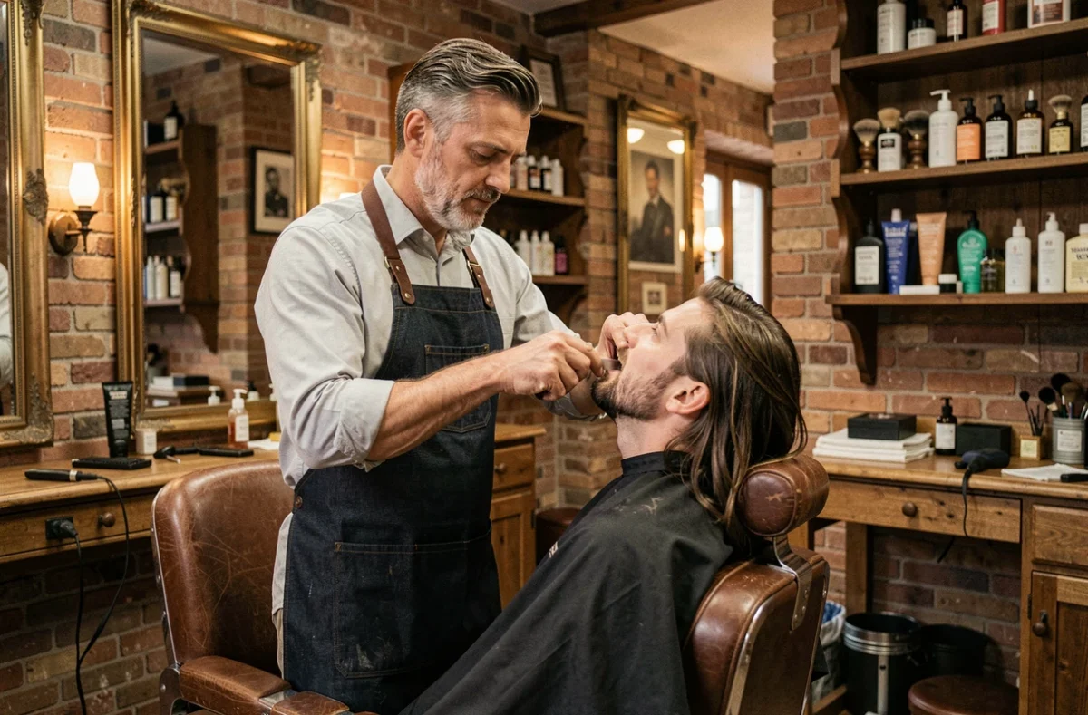 Barbier réalisant une taille de barbe au rasoir dans le salon Marc Thibault coiffeur et barbier à Blodelsheim