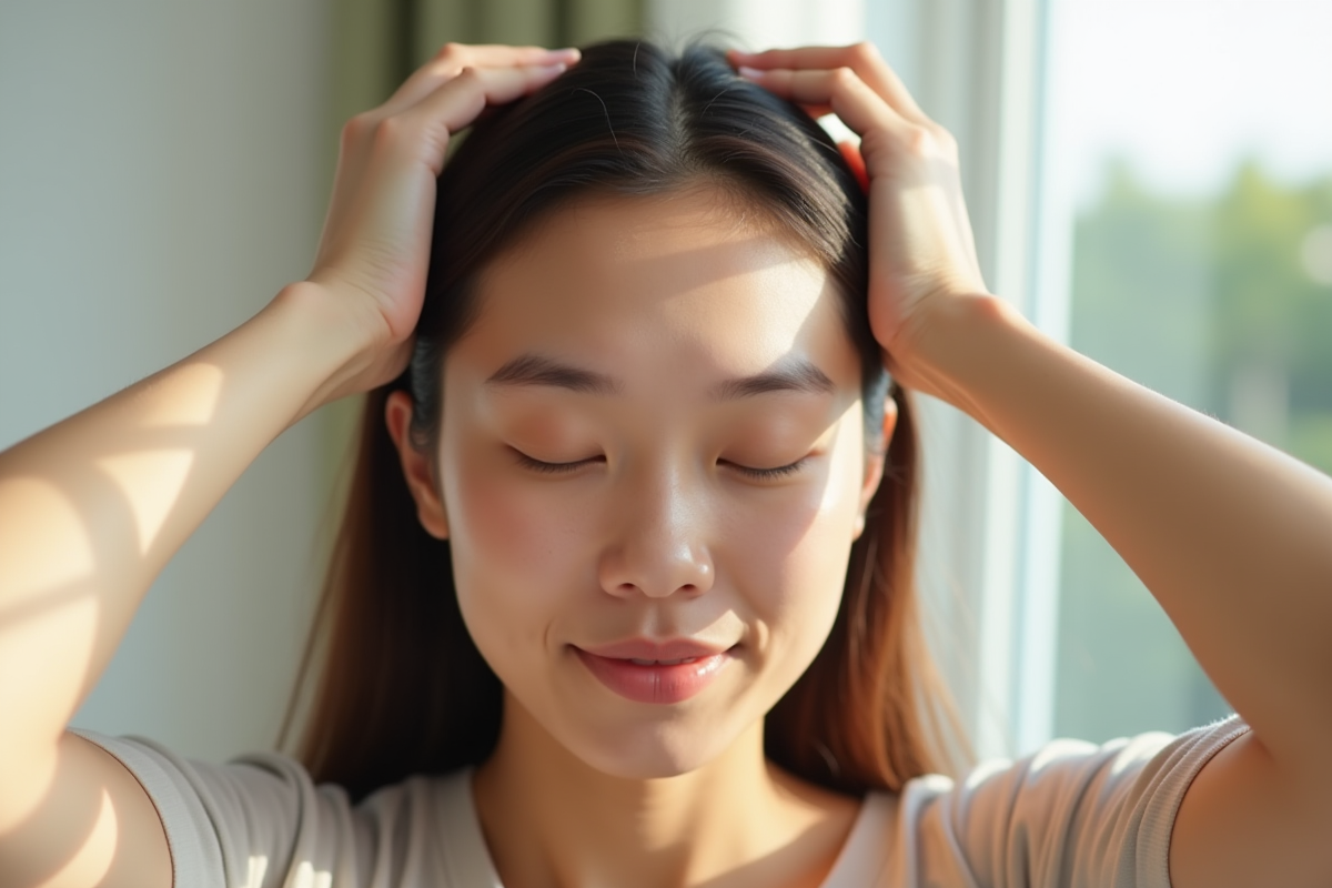 Personne massant doucement le cuir chevelu avec des cheveux sains