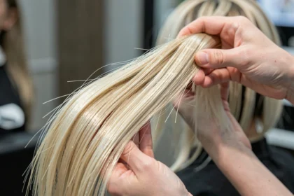 Mèche blonde aux reflets froids tenue entre les mains d'un coiffeur