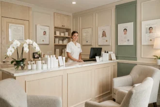 Intérieur d'un institut de beauté haut de gamme en Seine-Maritime avec comptoir en marbre et esthéticienne souriante en uniforme blanc