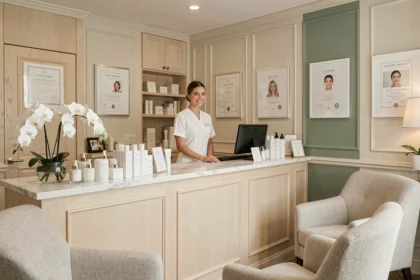 Intérieur d'un institut de beauté haut de gamme en Seine-Maritime avec comptoir en marbre et esthéticienne souriante en uniforme blanc