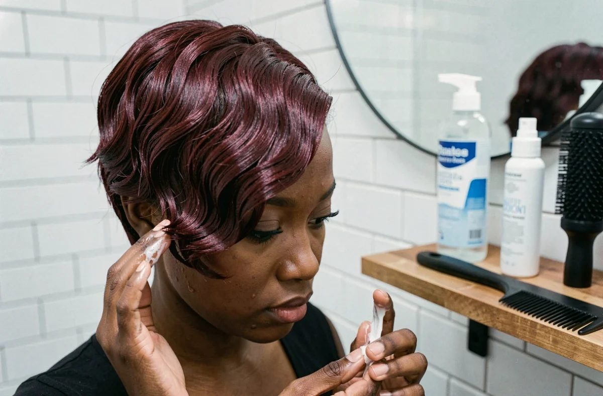 Femme afro aux cheveux courts bordeaux avec mini vague réalisant sa routine capillaire à la maison