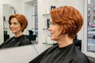 Femme aux cheveux courts colorés cuivrés avec une mini vague soignée dans un salon de coiffure moderne
