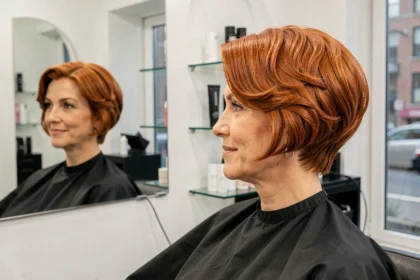 Femme aux cheveux courts colorés cuivrés avec une mini vague soignée dans un salon de coiffure moderne