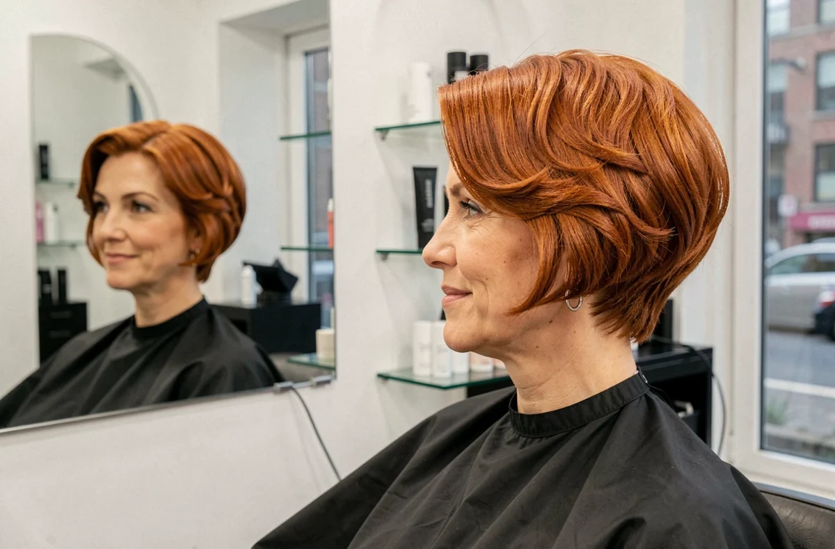 Femme aux cheveux courts colorés cuivrés avec une mini vague soignée dans un salon de coiffure moderne