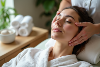 Femme recevant un massage facial dans un spa calme