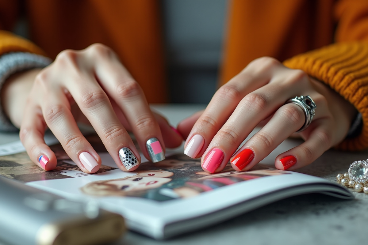 Mains diverses avec ongles géométriques et couleurs vives