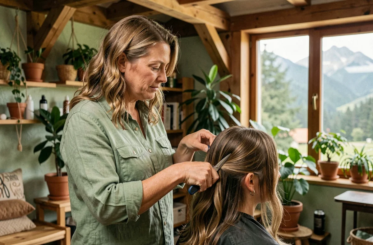 Coiffeuse coupant les cheveux d'une cliente dans le salon Naturel Coiffure à Fellering, cadre nature et bois