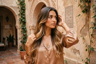 Femme aux cheveux ombré caramel portant un chemisier en soie sable devant une arche en pierre marocaine, ambiance nomade chaleureuse pour 2026