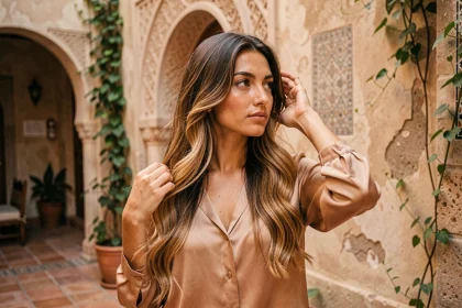 Femme aux cheveux ombré caramel portant un chemisier en soie sable devant une arche en pierre marocaine, ambiance nomade chaleureuse pour 2026