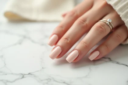 Gros plan sur des ongles courts en gel effet naturel sur fond de marbre blanc, manucure soignée et discrète