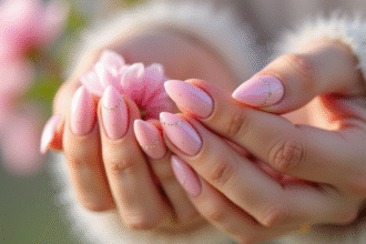 Mains de femme avec ongles en dégradé pastel et accents dorés