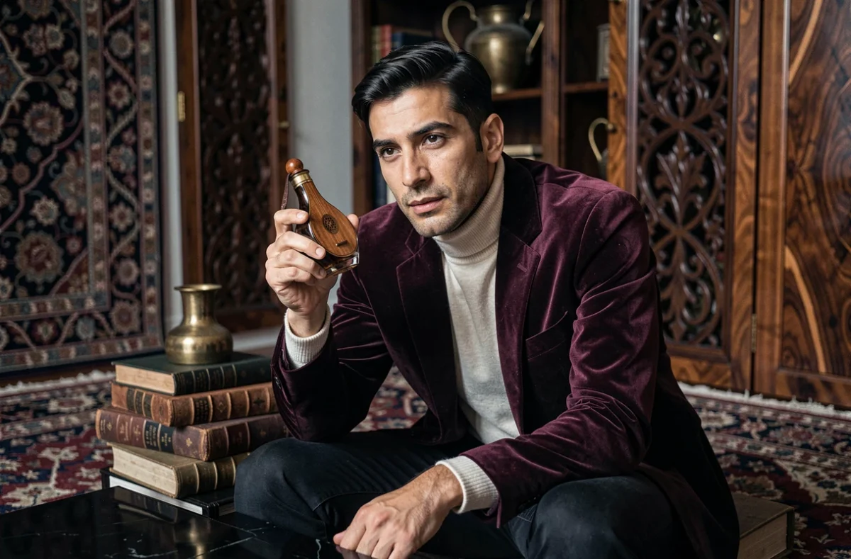 Homme en veste velours bordeaux tenant un flacon de parfum oud dans un intérieur raffiné aux panneaux en bois sombre, ambiance satin mood luxueuse