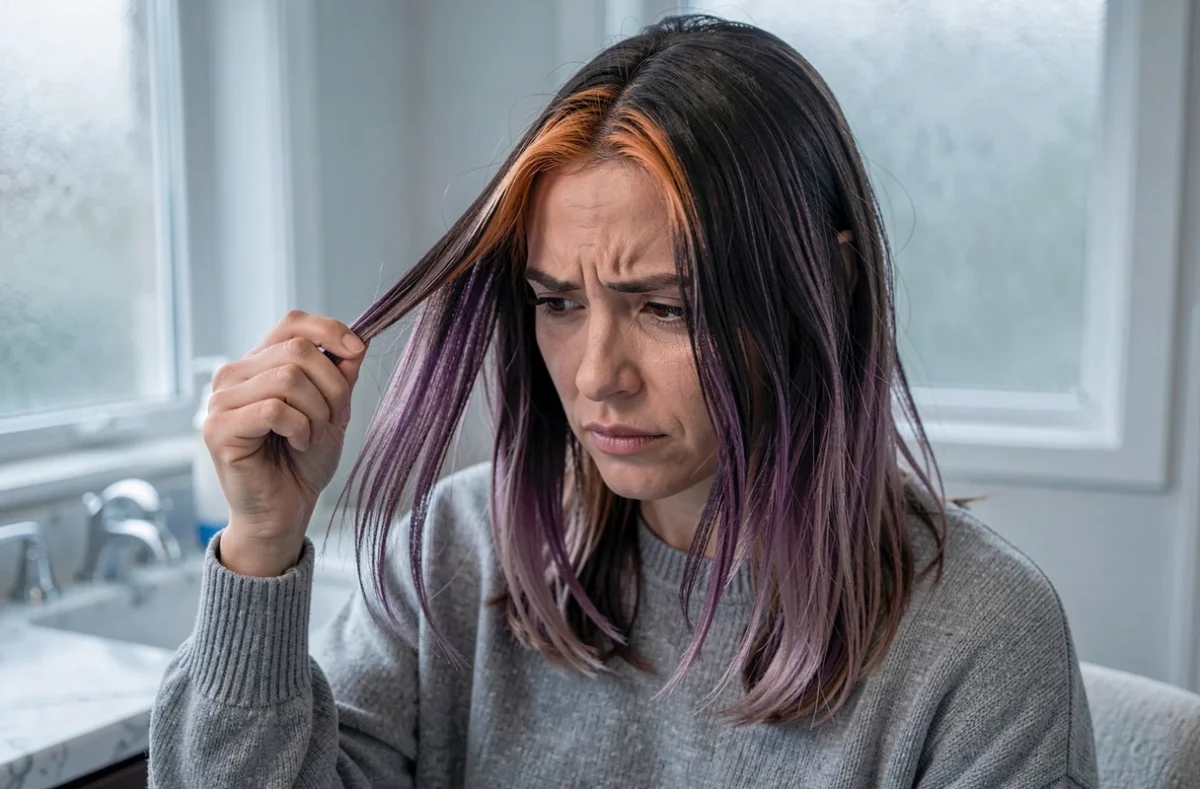 Femme observant ses racines orangées et la décoloration de sa patine violette dans un miroir de salle de bain