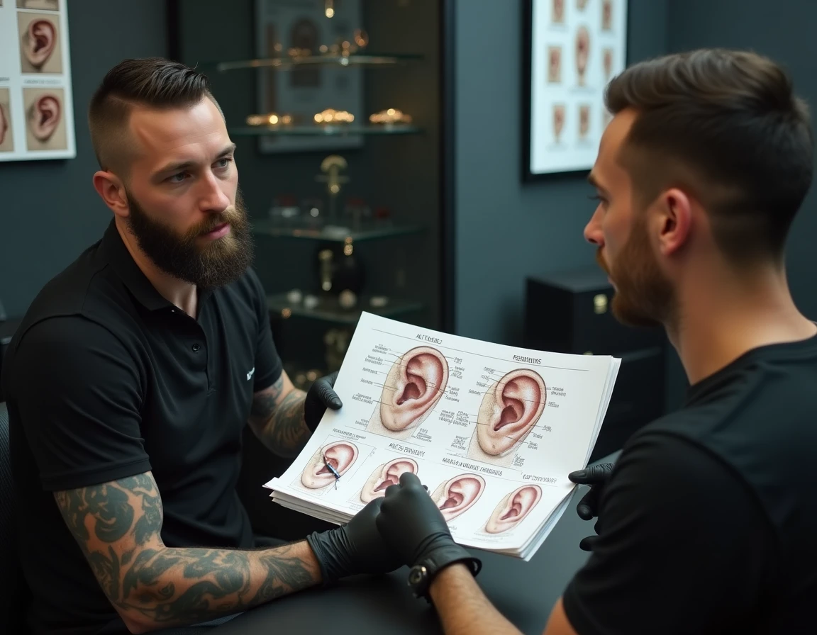 Perceur professionnel avec gants noirs expliquant un schéma illustré des emplacements de piercings oreille à un client lors d'une consultation en studio