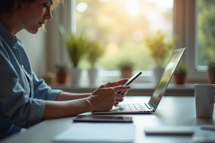 Personne travaillant à un bureau lumineux avec ordinateur et smartphone