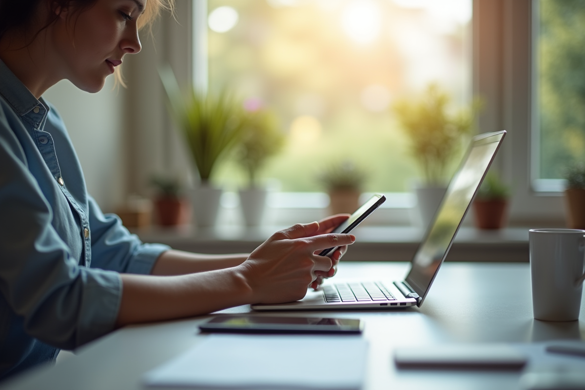 Personne travaillant à un bureau lumineux avec ordinateur et smartphone