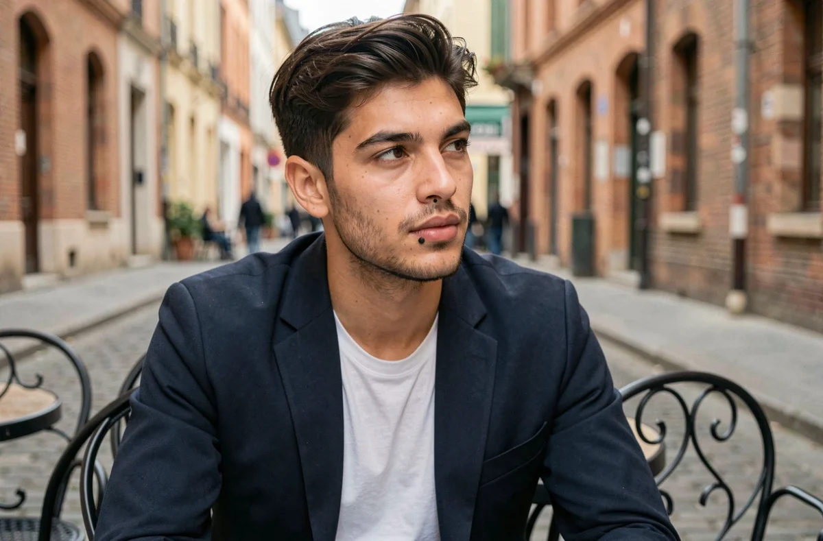 Homme avec un piercing labret noir mat assis en terrasse de café urbain, look quotidien naturel
