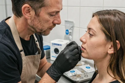 Professionnel du piercing réalisant un piercing du labret en studio spécialisé avec matériel stérile