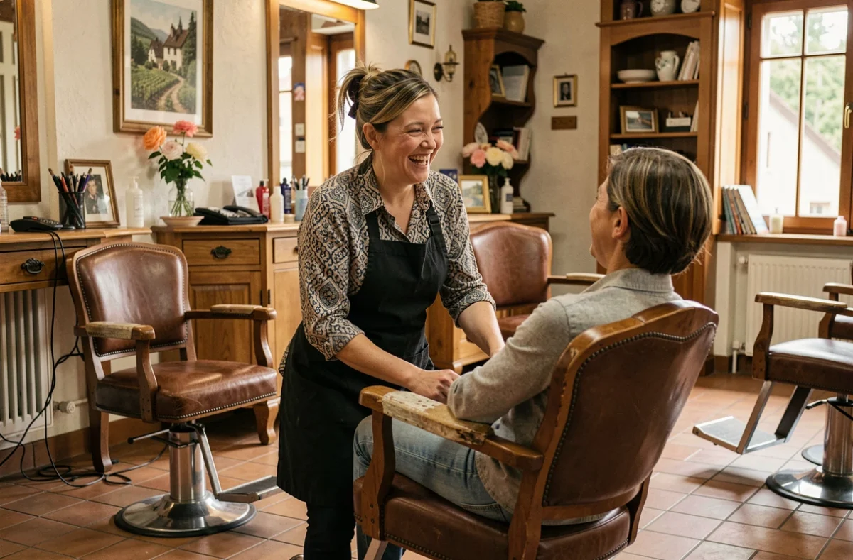 Coiffeuse souriante discutant avec une cliente dans le salon Plaisir de Coiffer à Bennwihr